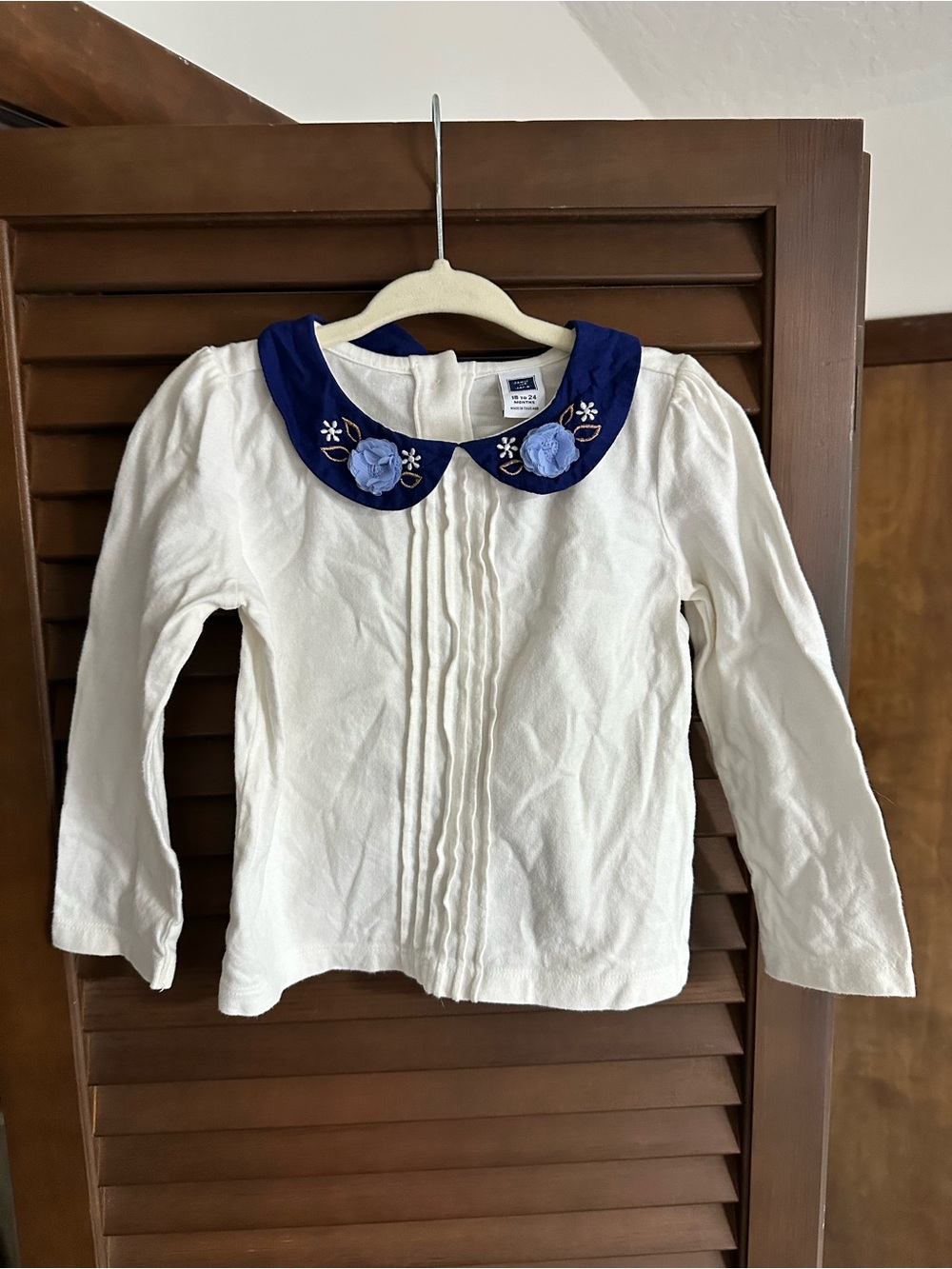 Janie and Jack White Long-Sleeve Top with Navy Peter Pan Collar